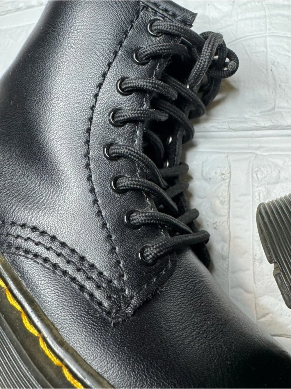 Dr. Martens Toddler US8 Kids Black Leather Lace-Up Boots with Yellow Stitching